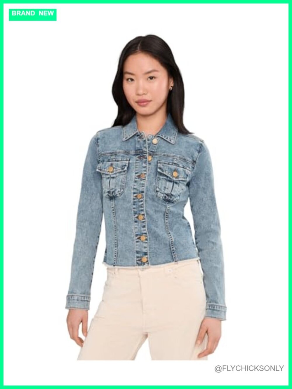 Kara Cropped Denim Jacket Frayed Hem Stretch Cotton Button Front